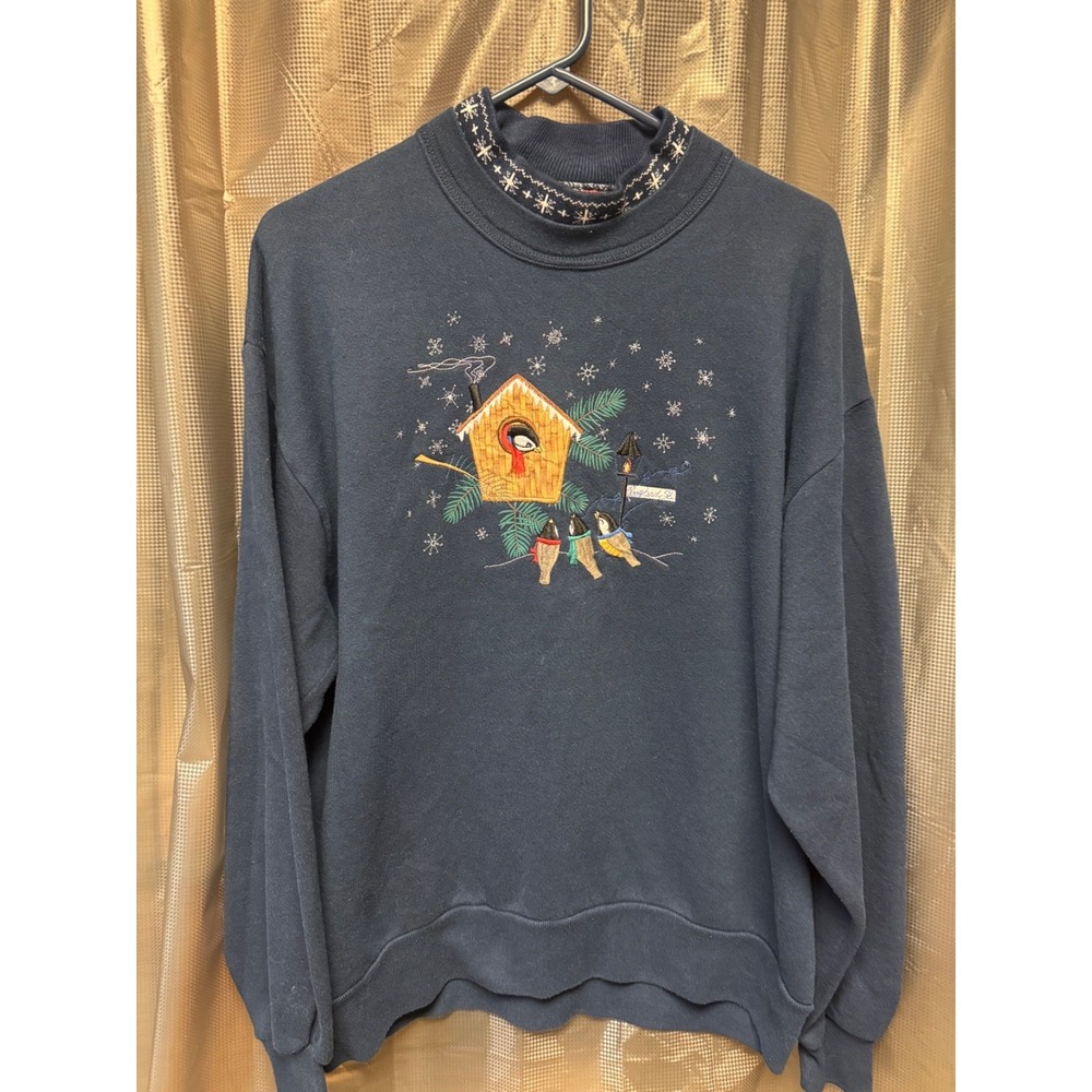 VTG Top Stitch 90s Blue Snow Birdhouse Sweatshirt Large Double Collar USA Made
